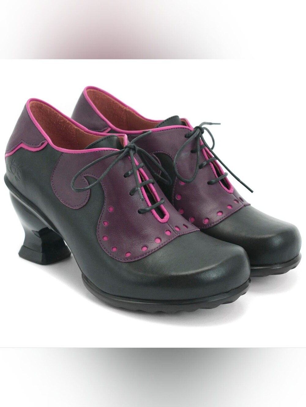 Kitchy Kitchy Boom Boom - Viv Black and Purple Lace-Up Heels with Pink Trim
